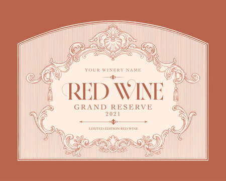 Ornate baroque wine label template with acanthus scrollwork and shell crest, vintage terracotta line art design for bottle packaging