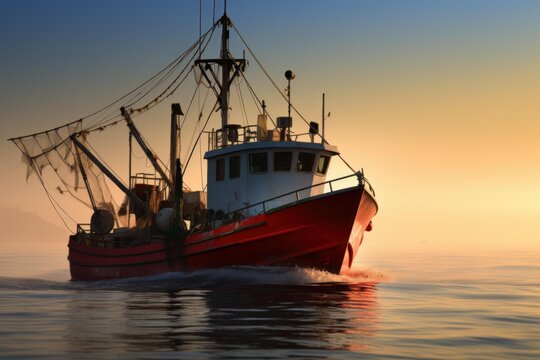 Fishing trawler sailing on ocean at golden hour sunrise