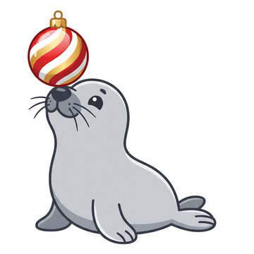 Cute seal balancing a festive Christmas ornament clipart on transparent background