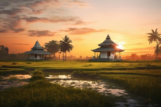 Traditional temples standing in vibrant rice fields and water reflecting the colorful sunset