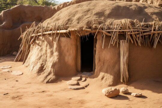 Ancient earth dwelling featuring a thatched roof and small doorway, reflecting indigenous architecture