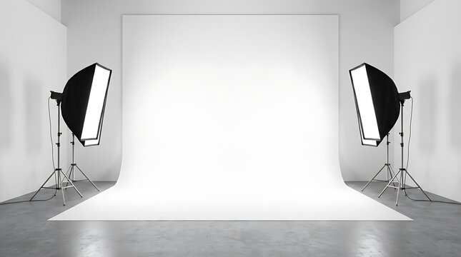 Empty studio with white backdrop, concrete floor, and two softbox studio lights on stands for portrait or product