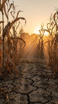 Dried corn stalks in a field during a sunset with cracked dry soil in the foreground, showing the effects of severe drought and climate change