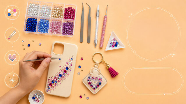 Hands decorating rhinestone phone case on orange table, creative hobby background