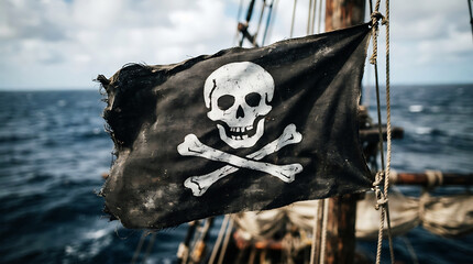 Obraz premium Tattered black pirate flag with skull and crossbones flying on a wooden sailing ship mast