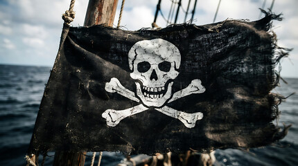 Obraz premium A weathered black pirate flag with a skull and crossbones flying on a ship mast