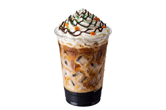 Black sesame and pumpkin spiced iced latte with whipped cream and jack-o'-lantern sprinkles in plastic cup