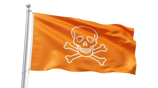 A waving orange pirate flag with a white skull and crossbones symbol on a pole