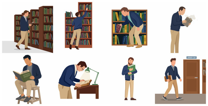 Set of flat vector illustrations depicting a man's activities in a library, including reading, searching bookshelves, and studying.