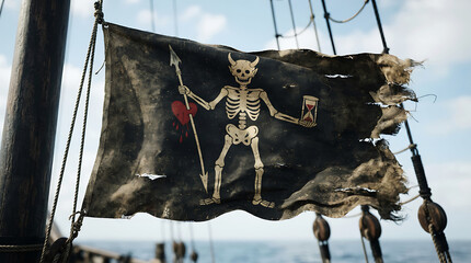 Fototapeta premium A pirate ship flag with a skeleton and a skull against a blue sky