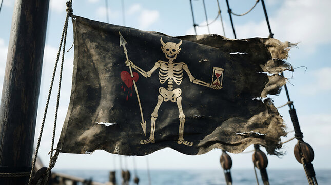 A pirate ship flag with a skeleton and a skull against a blue sky