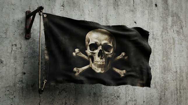 A dramatic black jolly roger flag waves against a weathered stone wall