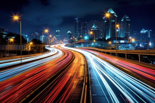 City highway at night with blurred light trails from fast moving traffic