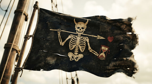 A tattered jolly roger pirate flag waves against a cloudy sky on a ship