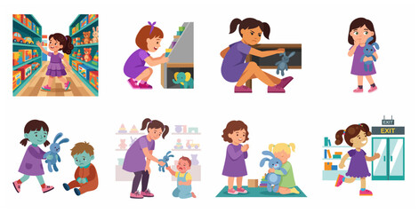 Fototapeta premium Vector Illustration Set of Child Behavior and Ethics at Toy Store Depicting Shoplifting, Guilt, Sharing, and Kindness