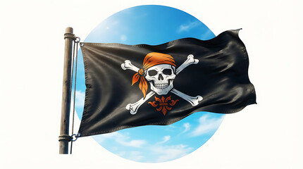 Fototapeta premium Waving jolly roger pirate flag against a blurred blue sky background