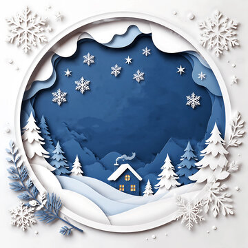 Winter landscape with house and trees in paper cut style