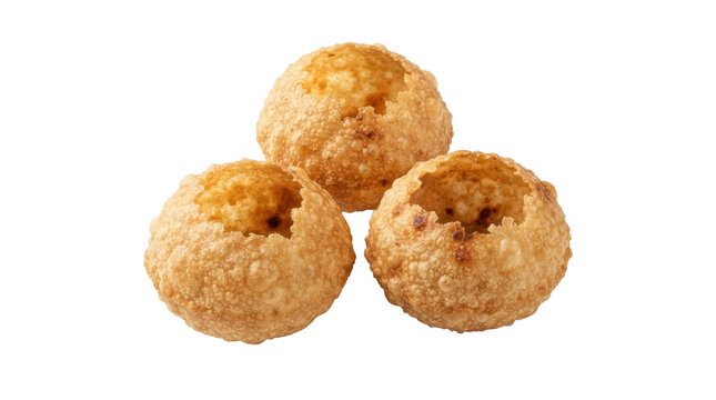 Three crispy hollow pani puri shells arranged on white background
