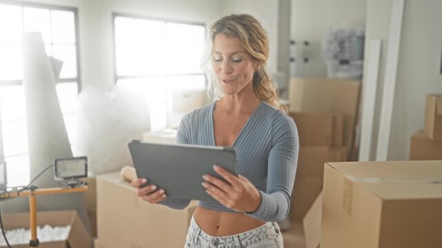 Woman holding tablet and waving with exposed stomach amid cardboard moving boxes in bright building; new home happiness.
