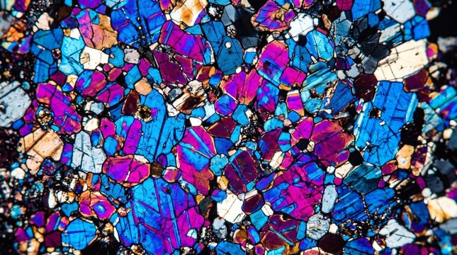 Polarised mineral thin section in blues and magentas