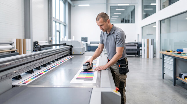 Printer operator calibrates colorimeter on large format printing machine