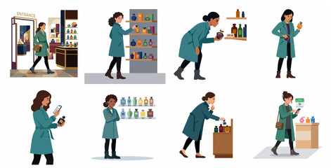 Fototapeta premium Collection of flat illustrations showing a young woman shopping for perfume and fragrance in a luxury boutique