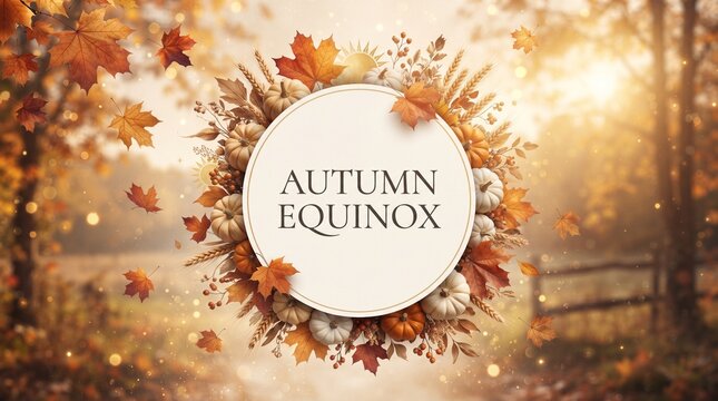 Autumn Equinox circular seasonal design with colorful leaves and pumpkins against a sunlit forest background for fall themes