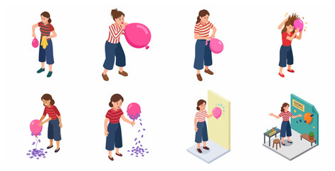 Fototapeta premium Isometric Girl Performing Static Electricity Science Experiment with Pink Balloon Set for Education and Science Fair Projects