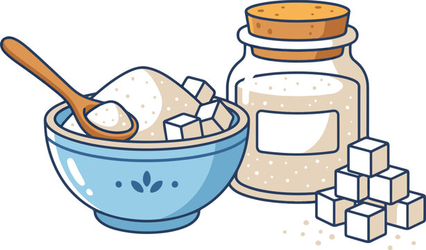 Blue bowl filled with sugar and a wooden spoon, sugar cubes beside it, and a labeled jar of sugar with a scattering of granules nearby.
