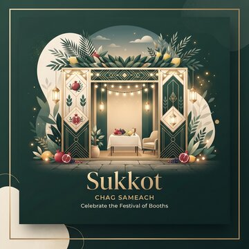 Minimalist Sukkot social media graphic with decorated sukkah booth and palm leaves