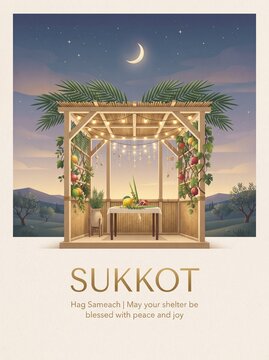 Minimalist poster featuring wooden Sukkah hut decorated with palms for Sukkot