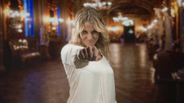 Woman pointing fist forward with hand extended, wearing white blouse and smiling in ornate ballroom building; confidence empowerment resolve.