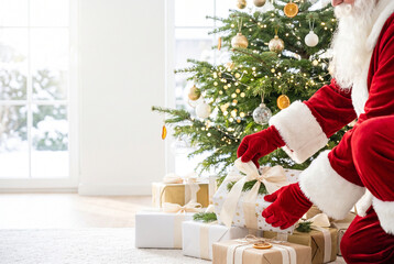 Fototapeta premium Santa Claus unwrapping gifts by a decorated Christmas tree 