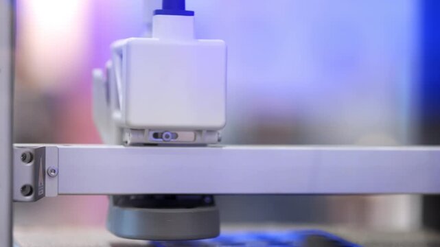 Close-up of 3D printer head moving over blue printed object. Machine in operation, metal rails and plastic components visible. Focus on precision manufacturing process with blurred background