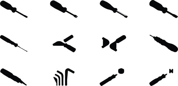 Screwdriver and Hardware Hand Tool Silhouette Icon Set Featuring Phillips Flathead Allen Wrench and Precision Driver Symbols for Repair Construction and Maintenance