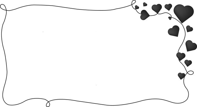 Decorative border frame with hand drawn black hearts and swirl lines