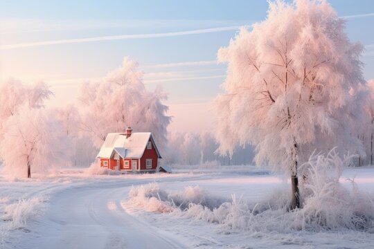 Red house standing among hoarfrost covered trees on a snow covered field during pink sunset