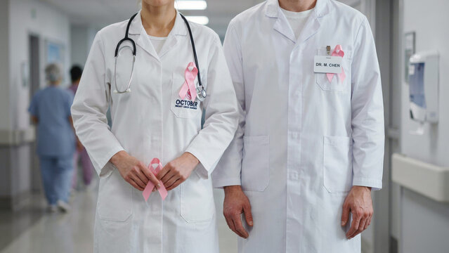 Breast cancer awareness doctors in white coats with pink ribbons. Medical professionals supporting oncology research in hospital corridor.