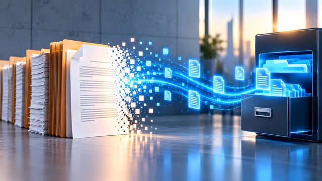 Digital archiving concept with physical paper folders converting into data streams and entering a glowing electronic filing cabinet in a modern office.