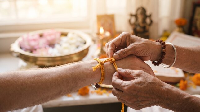 Tying sacred thread on wrist for Anant Chaturdashi ritual celebration