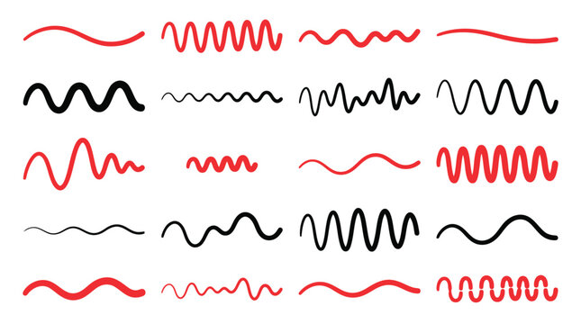 Wavy line vector set, red and black squiggly underline collection, hand drawn curved stroke elements for correction and emphasis