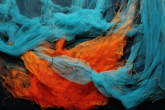 Abstract background showing flowing orange and turquoise fabric mesh texture