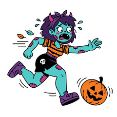 Obraz premium Cartoon Zombie Girl Running From Pumpkin Halloween.