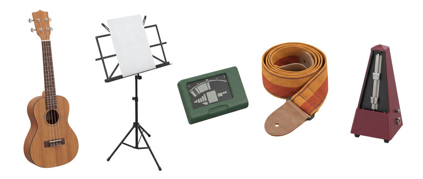 Music practice, a ukulele appears beside a sheet stand, tuner, rolled strap and metronome. Wooden instrument details and blank paper define the learning accessory set on a transparent background.