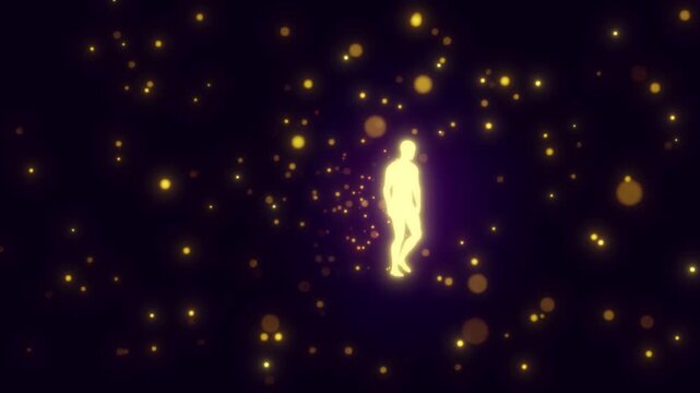 looped 3D animation. A man walks through golden particles