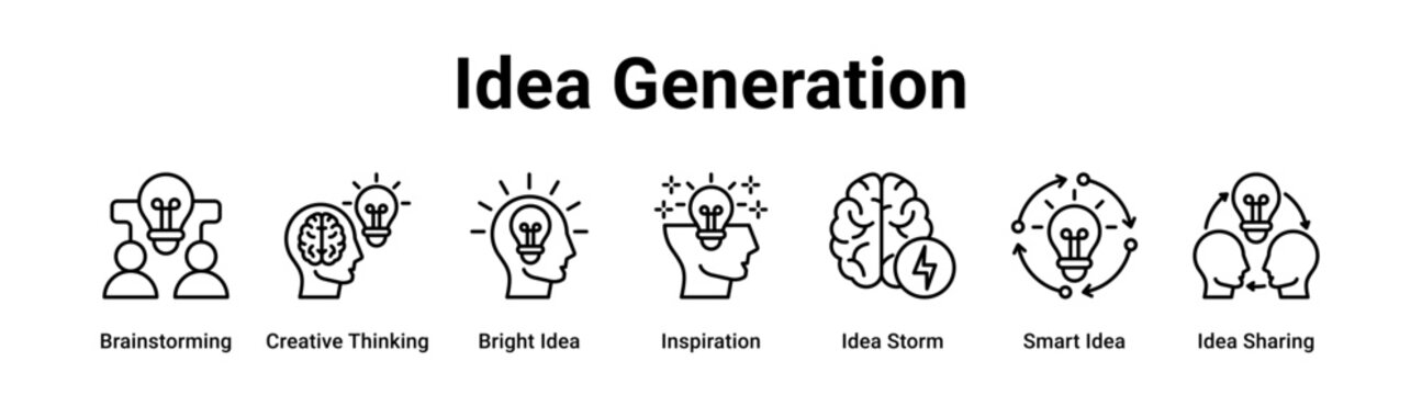 Idea Generation web banner icon vector illustration concept for business with icon of Brainstorming, Creative Thinking, Bright Idea, Inspiration, Idea Storm, Smart Idea.