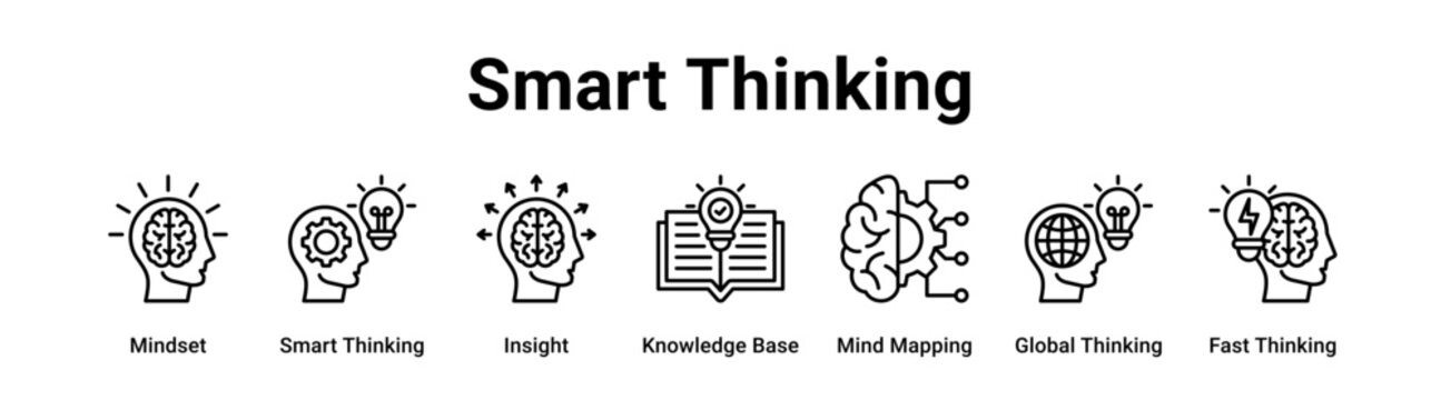 Smart Thinking web banner icon vector illustration concept for business with icon of Mindset, Smart Thinking, Insight, Knowledge Base, Mind Mapping, Global Thinking.