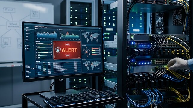 Cybersecurity alert on computer screen in server room