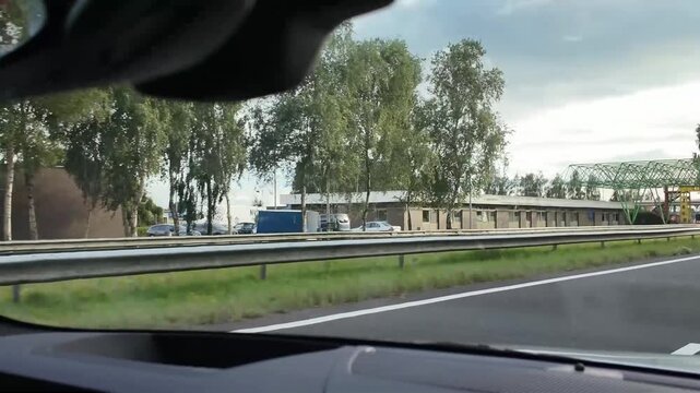 View through a car windshield of the border control station on the German side of the border between Bad Nieuweschans and Bunde on highway A7 and A31