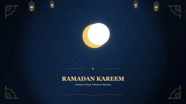 A glowing crescent moon shines brightly during the holy month of Ramadan Kareem as peaceful lanterns hang in the night sky to honor traditional Islamic festivities and significant religious